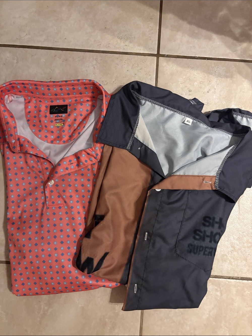 Men's Short Sleeve Button Shirt Duo — Coral Pattern & Navy Colorblock